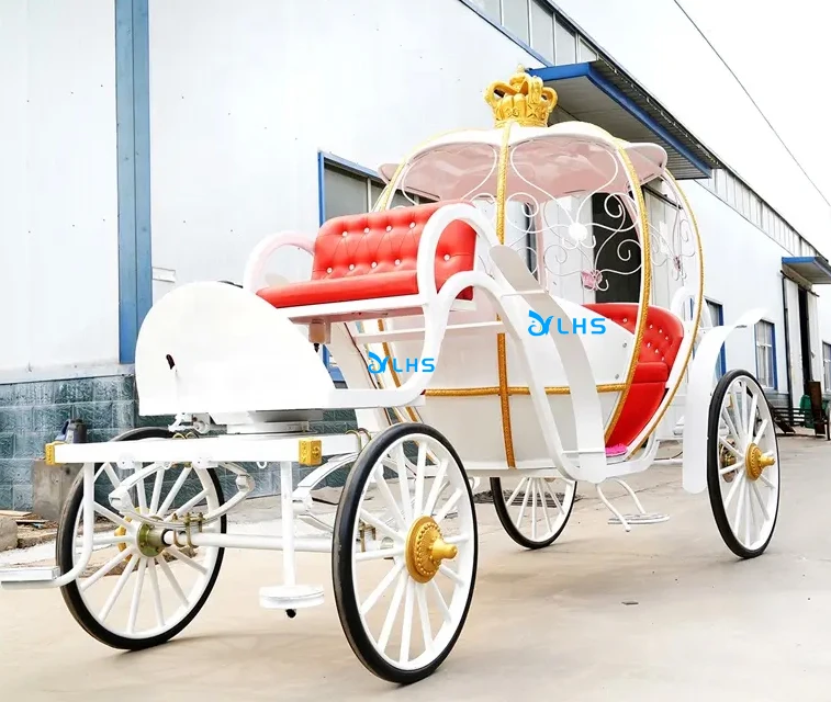 Red leather seat electric cinderella pumpkin horse carriage royal horse cart 4-wheel horse donkey cart  with crown