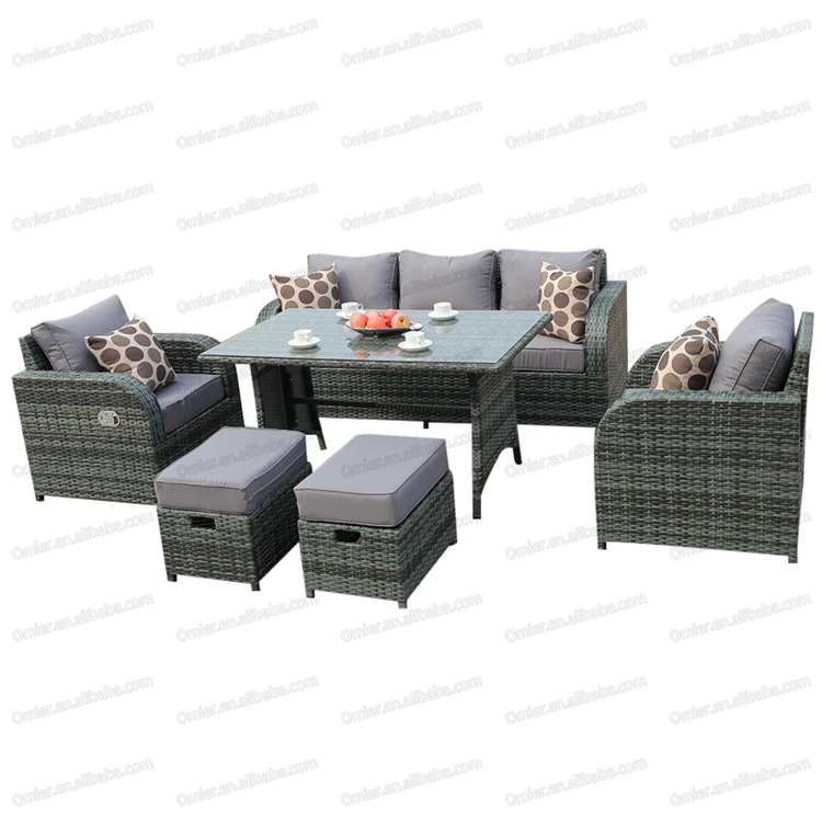 High Back Complete Waterproof Sectional Wicker Dining Sofa Set With Luxury Recliner Lounge Chairs Patio White Rattan Furniture