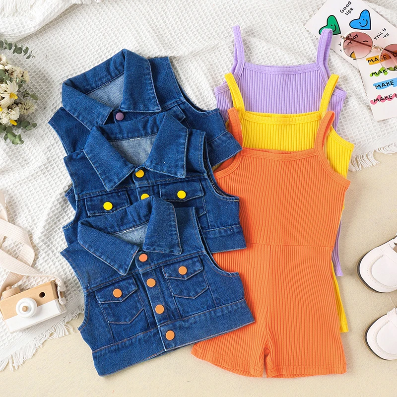 Latest Kids Sets Summer Girls Clothing Denim Vest and Solid Color Sleeveless Jumpsuit 4-7 Years Girls Clothes