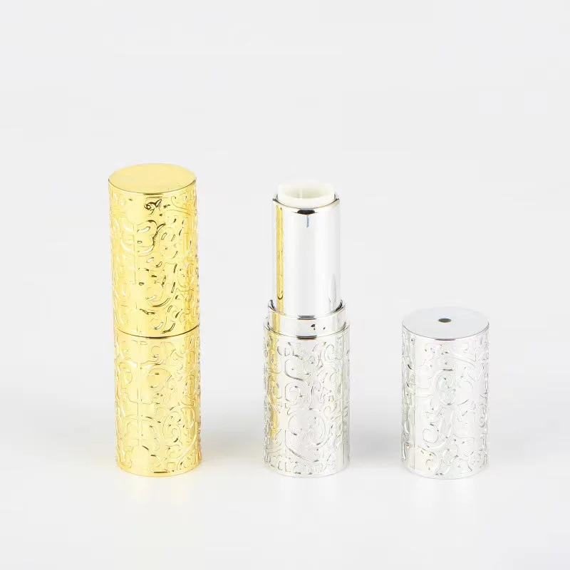 Factory direct spot wholesale 12.1mm Round gold and silver carvingLipstick tube professional custom logo personal label