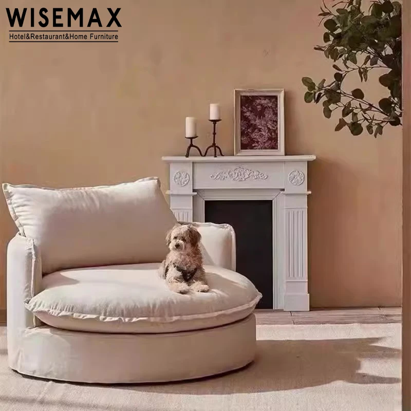 WISEMAX FURNITURE linen fabric feather down single sofa set luxury sofas round shaped floor couch sectional fabric sofa set