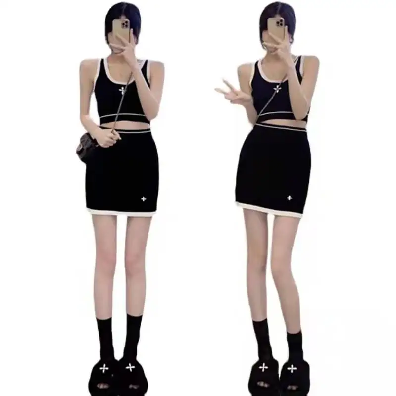 Summer Casual Sets Sleeveless Two Piece And Vest Women Short Sexy Knit Skirt Set