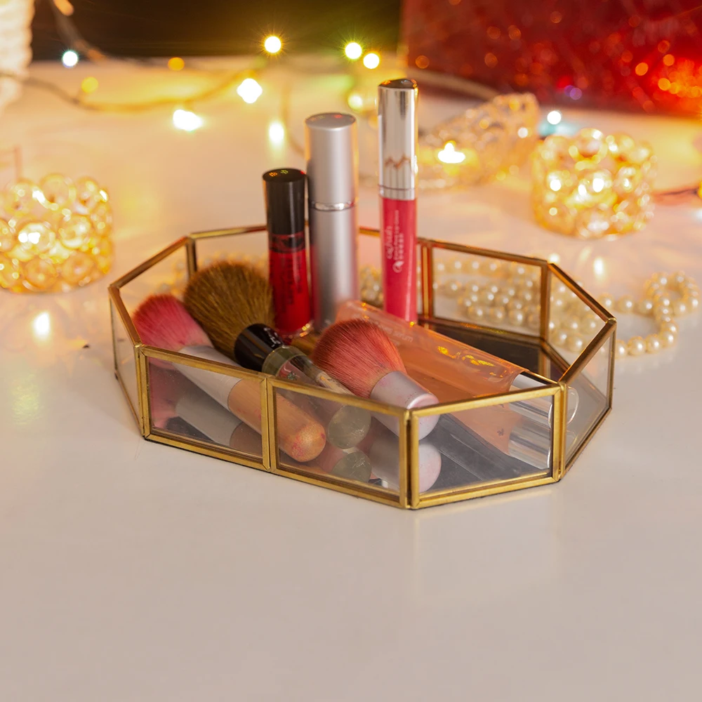 
Vintage Glass Jewelry Tray with Mirrored Bottom Vanity Organizer for Accent Table decorative tray 