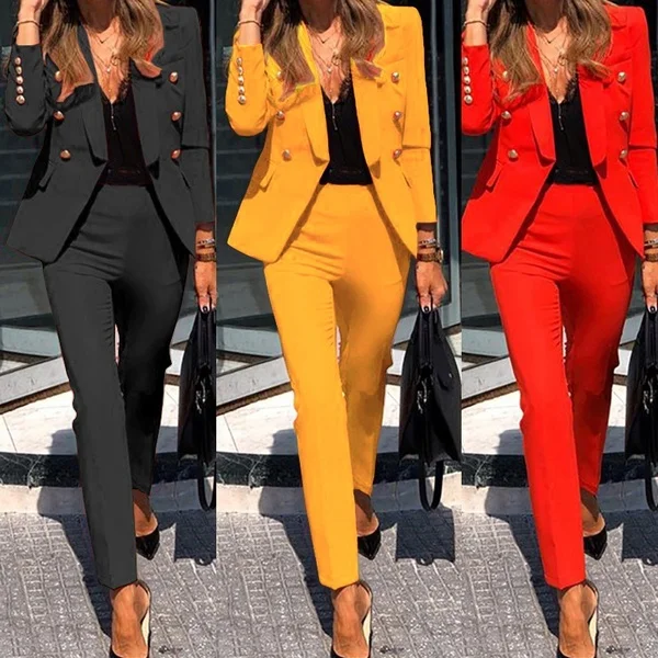 Новое поступление, женские модные повседневные костюмы из двух предметов, блейзер и брюки, женская одежда для офиса, однотонная, большие размеры