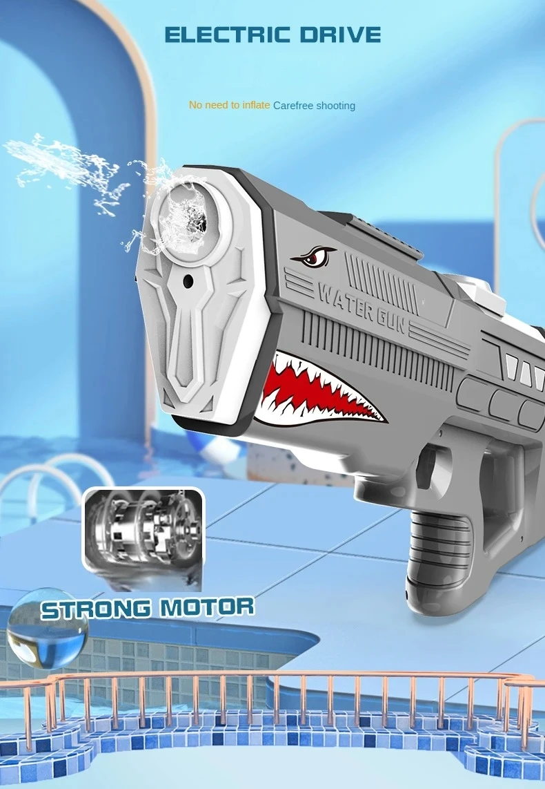 New design Electric Shark Summer Outdoor Waterproof Beach Playing Battle Large Capacity Water Gun To