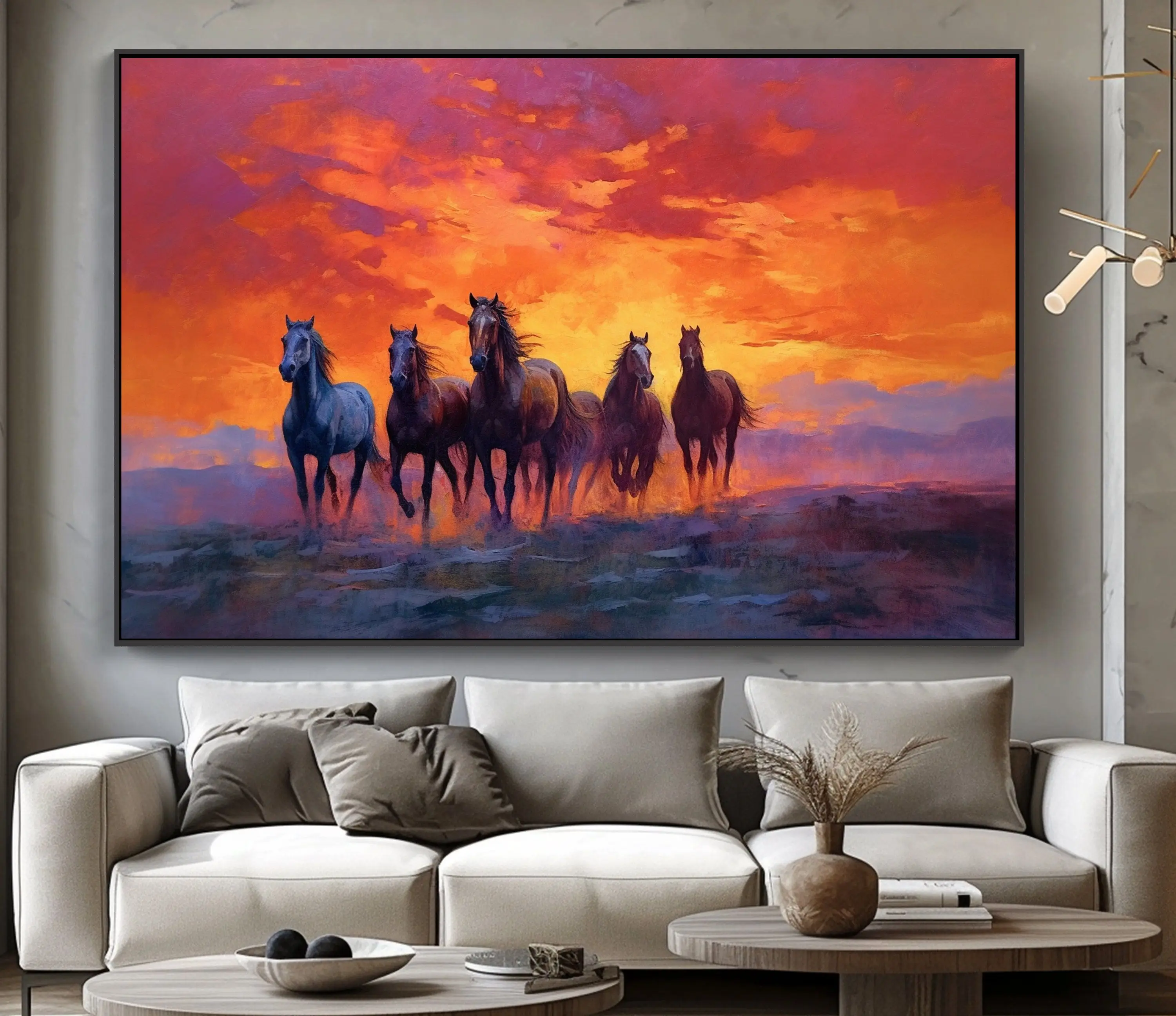 New 100% Handpainted Traditional Chinese Horses Oil Painting on Canvas Featuring Scenic Subjects