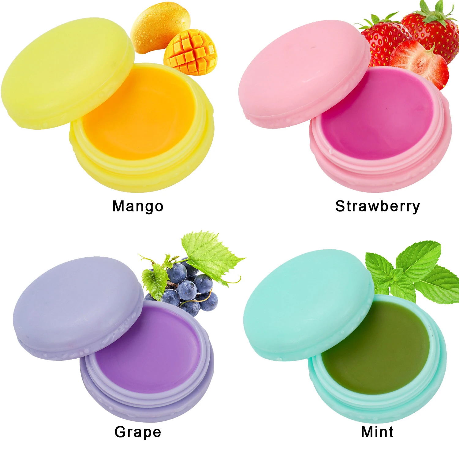 Custom Logo Moisturizing Lip Hydrating Dry Crack Lip Cream Vegan Macaroon 4 Colors Cute Fruit Smell Tinted Repair Lip Balm