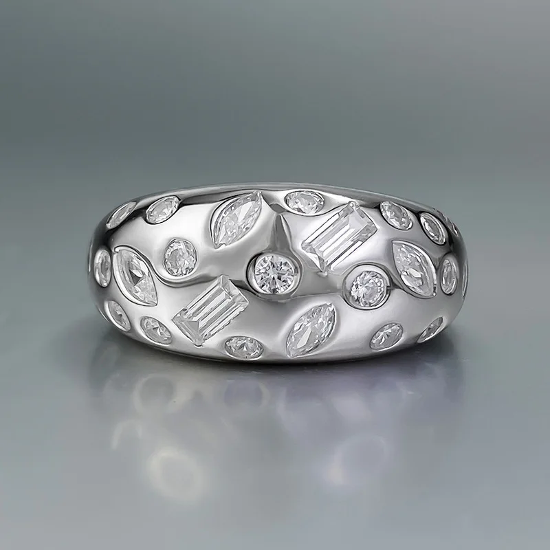 Fashion Deign Multi Shape Domed 925 Silver Gypsy Setting Ring Band White CZ Stone
