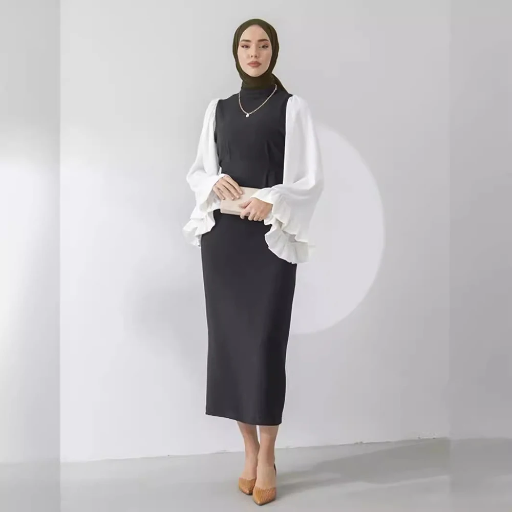 Middle East Turkish Islamic Muslim Women Dress Loose Trumpet Sleeves Solid Color Modest Dress Slim Casual Muslim Dress for women