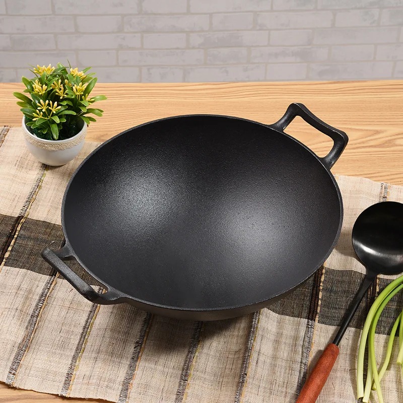 Вок с двумя ручками Preseasoned чугунная деревянной крышкой китайские вки Фрай Сковорода-вок антипригарным покрытием Двойные Уши повседневной 500