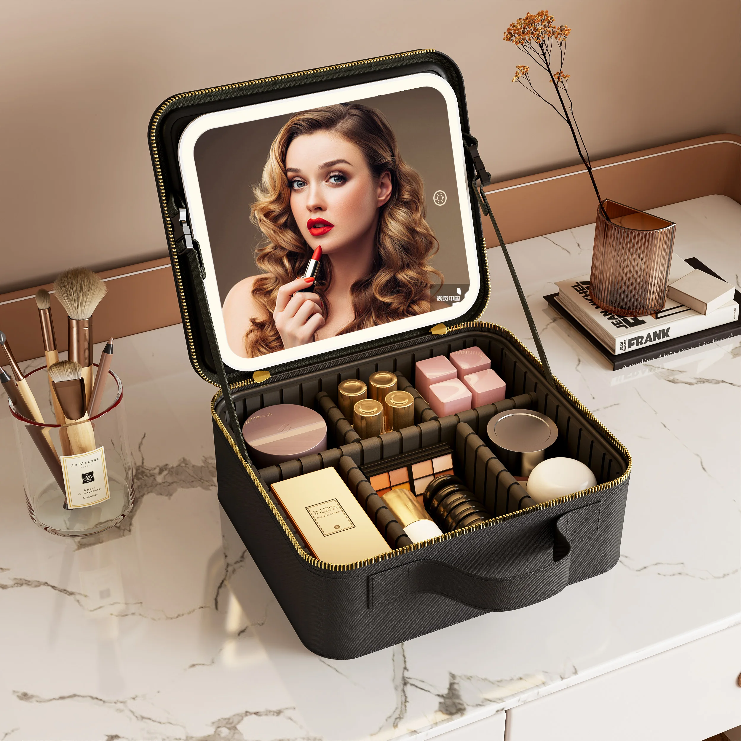 Cosmetic Portable Travel Storage Box With Led Rechargeable Vanity Bags Makeup Case With Led Light Mirror