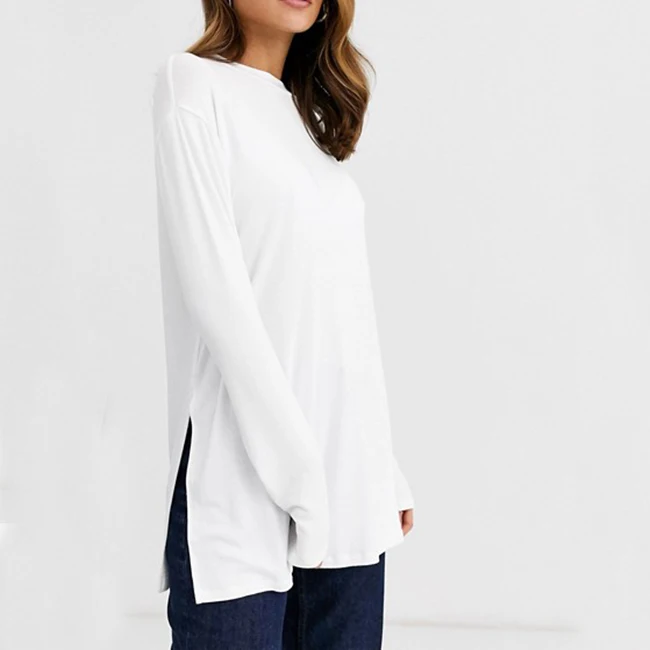 New style women cotton cheap super longline hem side slit long sleeve t-shirt