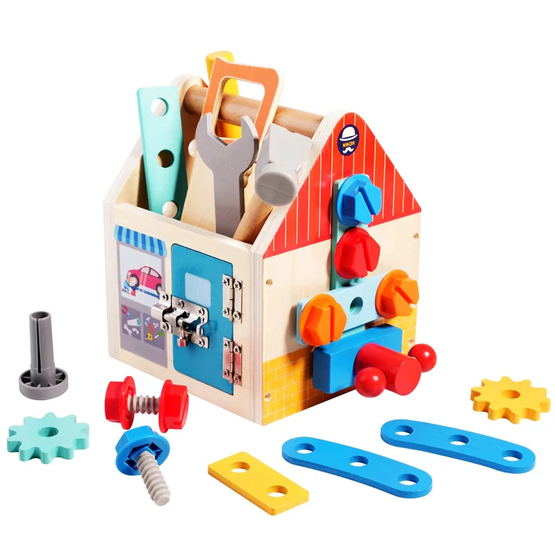 Wooden educational portable tool box pretend play toys kids magic montessori play toolbox DIY screw nuts and bolts toy