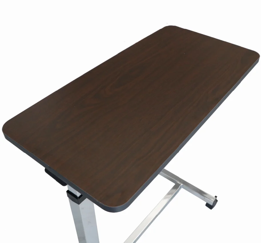 Adjustable Gas Spring Bedside Table with Wood Grain Countertop Stainless Steel Manual