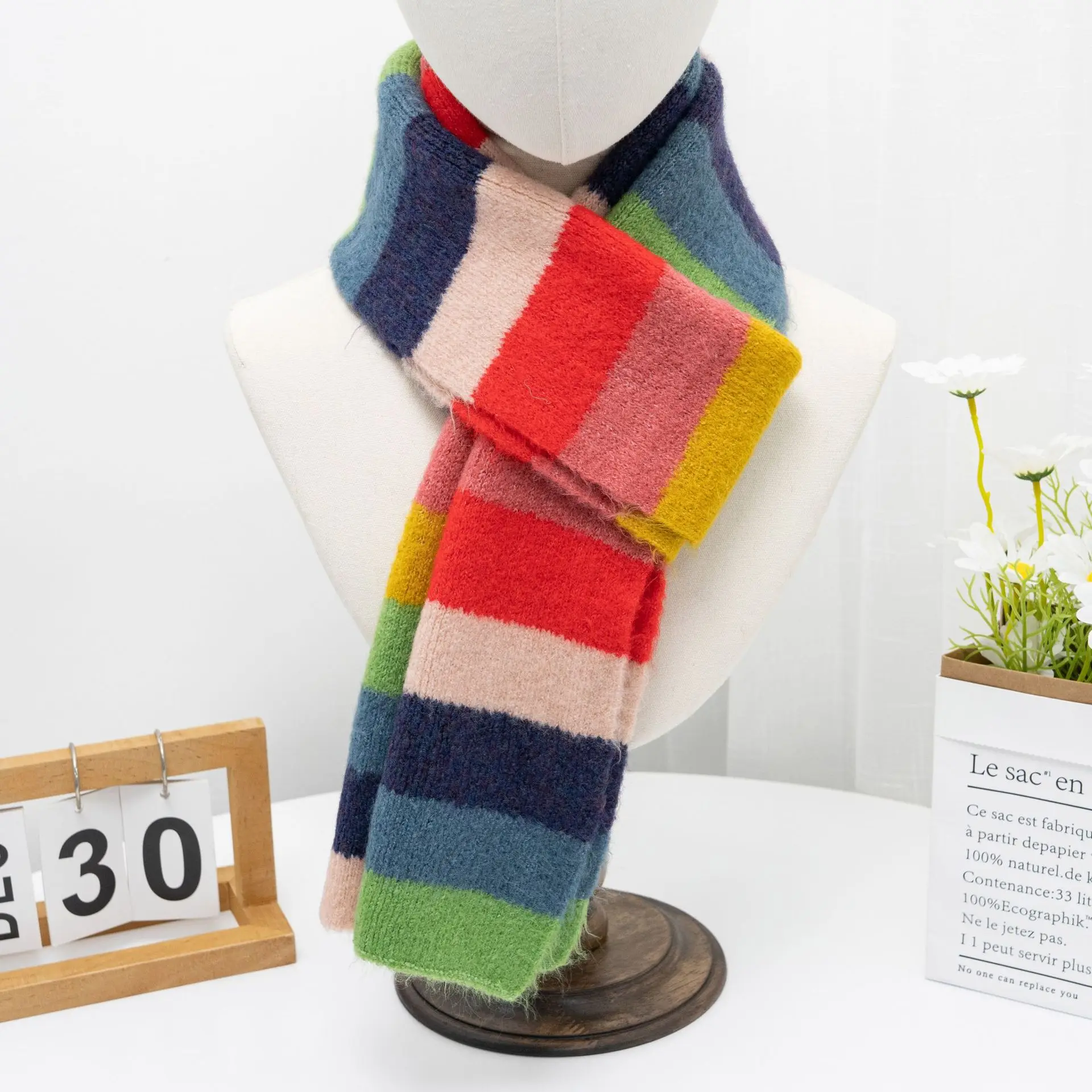 Customized LOGO Designer Scarf Winter Women Winter Multicolor Knitted Scarves Faux Cashmere Stripe Scarf