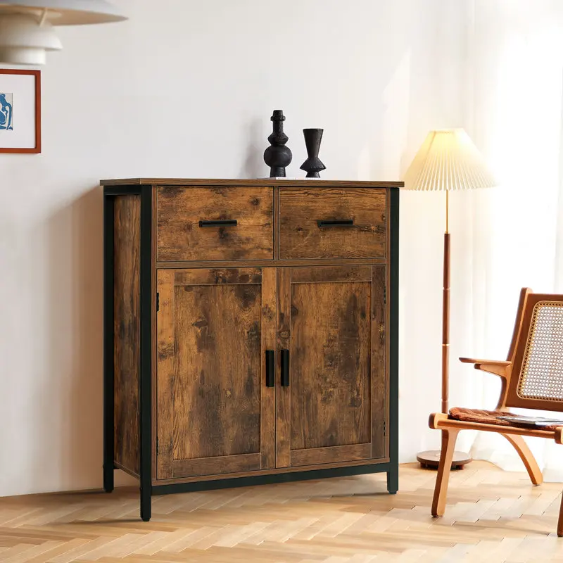 Pine Wood Accent Cabinet Rustic Chest of Drawers Tall Dresser Drawers with Sturdy Metal Frame Kitchen Cabinet for Living
