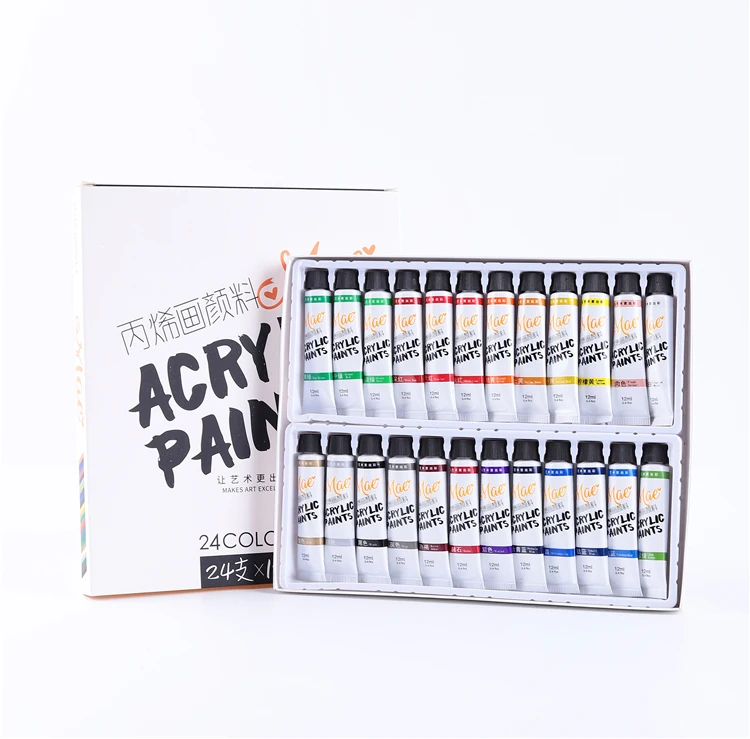 Art Supplies Vibrant 12/24 Colors Acrylic Paint Set,Permanent 12ml Waterproof Tube Shape Pigment Set