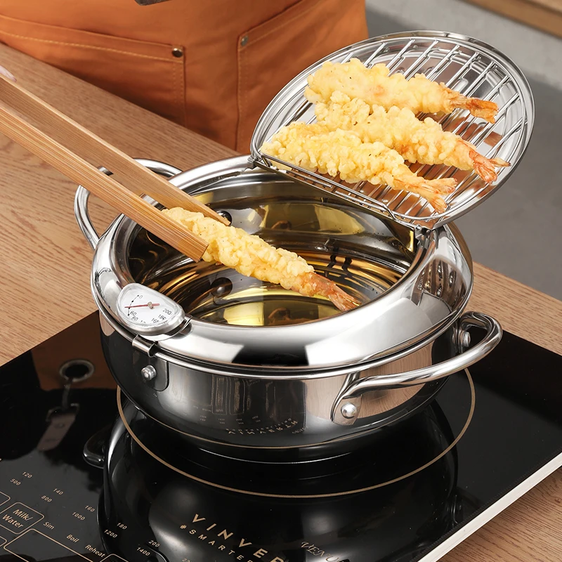 Kitchen stainless steel deep frying pan with oil drainer home tea time Tempura fried food deep fryer pot Temperature Control