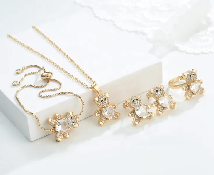Elfic Cute Jewelry Sets Necklace&Rings&Bracelets&earrings Bear jewelry Animal Stud earrings Conjuntos Oro Laminado Gold Plated