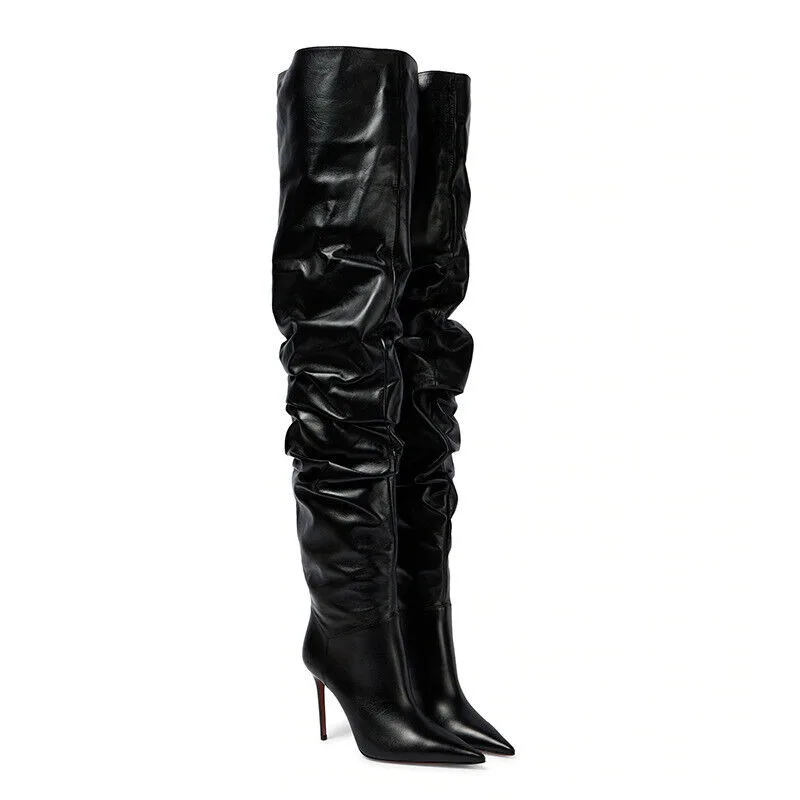 Factory Custom Luxury Womens Black Faux Leather Pleated Thigh High Over-the-Knee Pointed Toe High Heels Stiletto Boots
