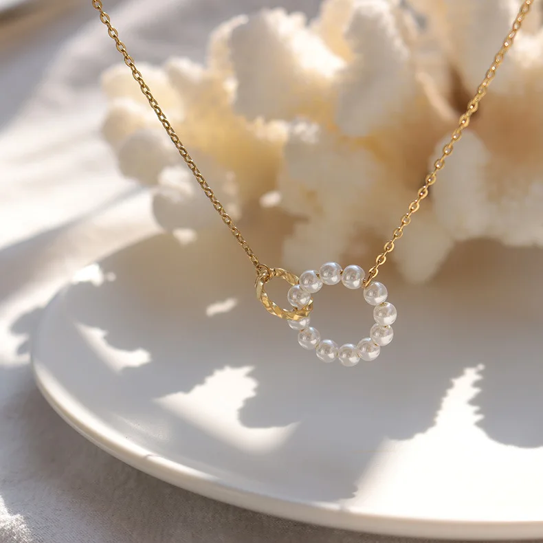 
Vintage Dainty Round Ring Imitation Pearl Jewelry 316L Stainless Steel Necklace For Women 