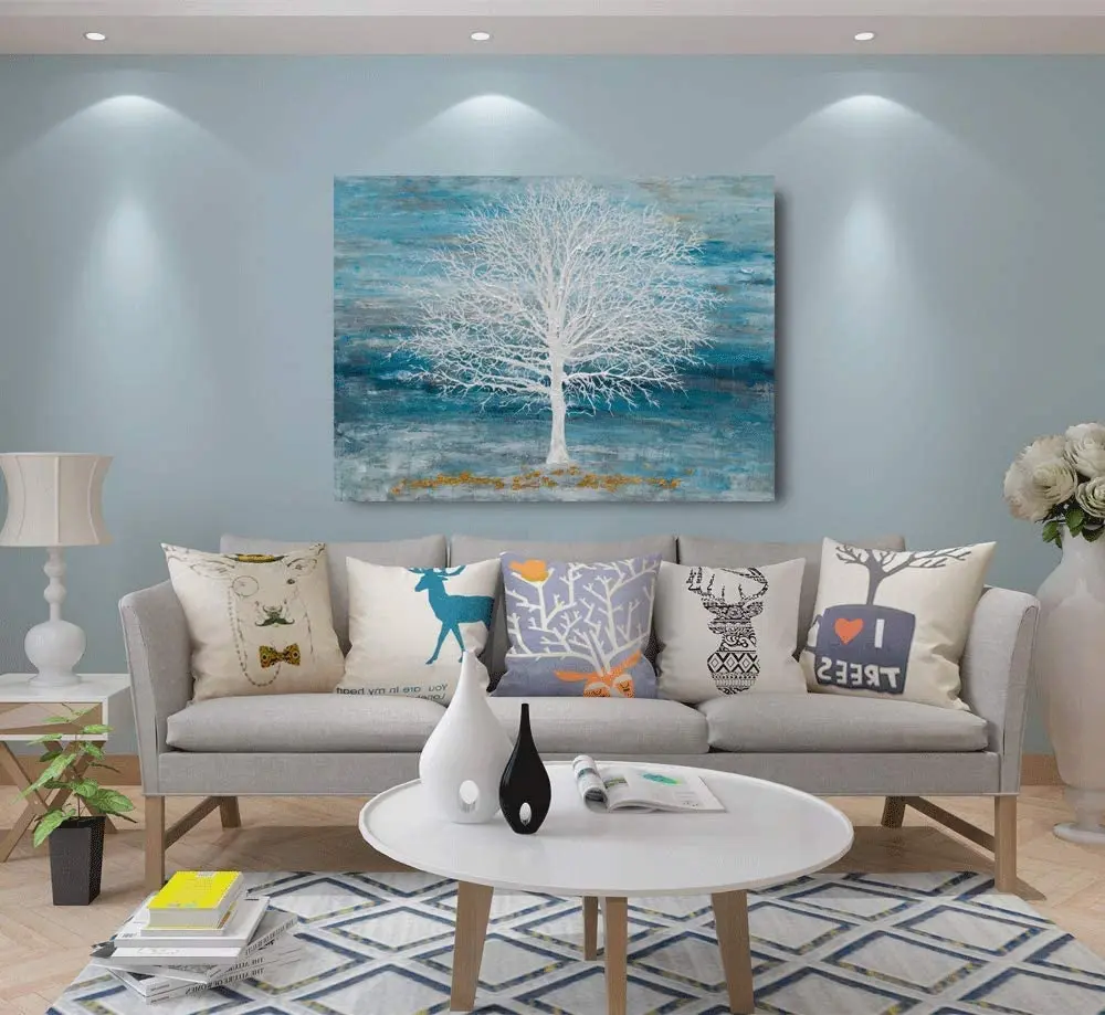 Newest Chinese Creative Tree Abstract Oil Painting on Canvas Blue Teal Home Decor Wall Art Ready to Hang