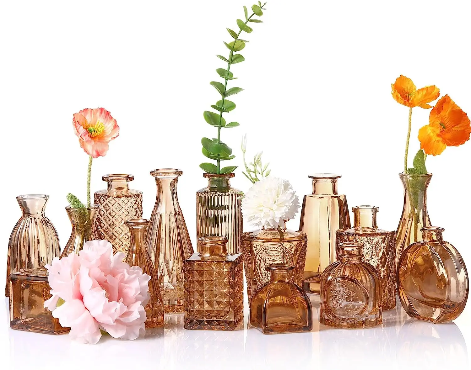 Amber Bulk Mini Bud Vase Decorated With Relief Style Glass Vase For Home Decoration Wedding Center Piece Low