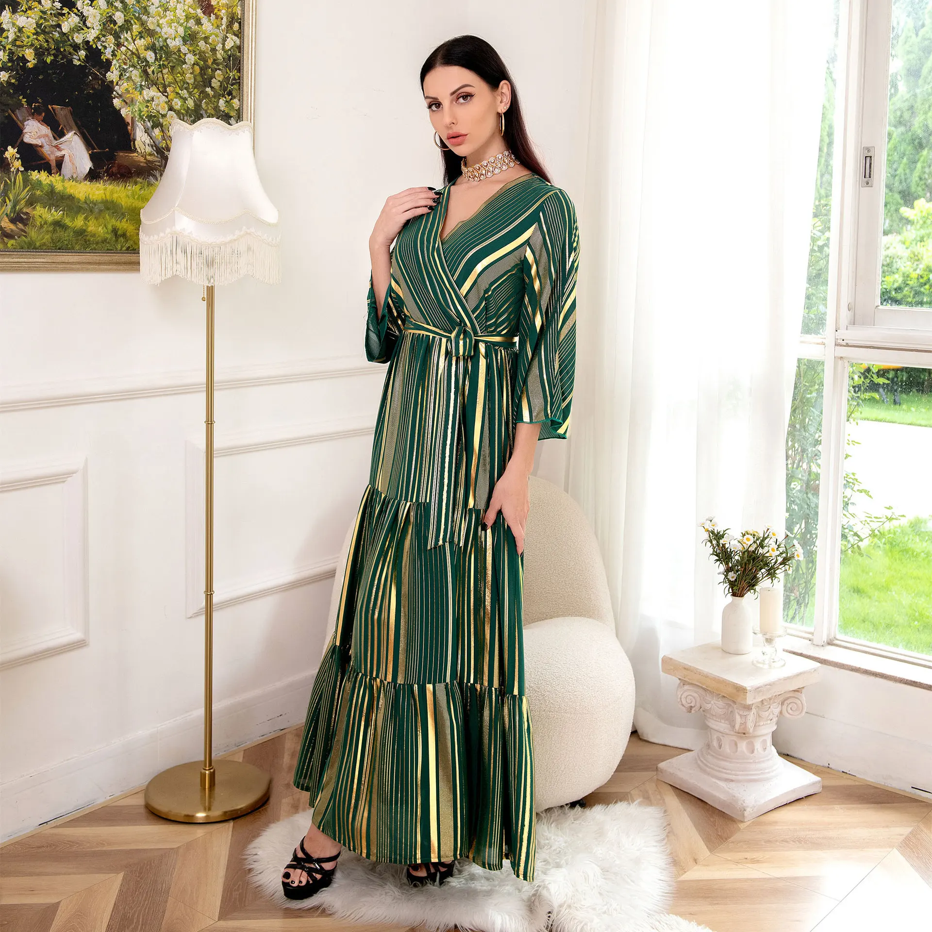 2022  Striped Gold Stamp Print Maxi Dress for Women Muslim Ramadan Eid Clothing Elegant Ethnic Dubai Arabic Oman Moroccan Robe