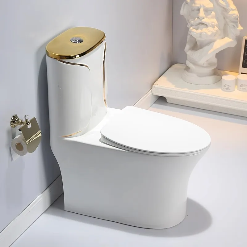 Modern Design Sanitary Ware Ceramic Wash down Siphonic One-Piece Toilet Big Hole With Gold Line Black Line Color Custom
