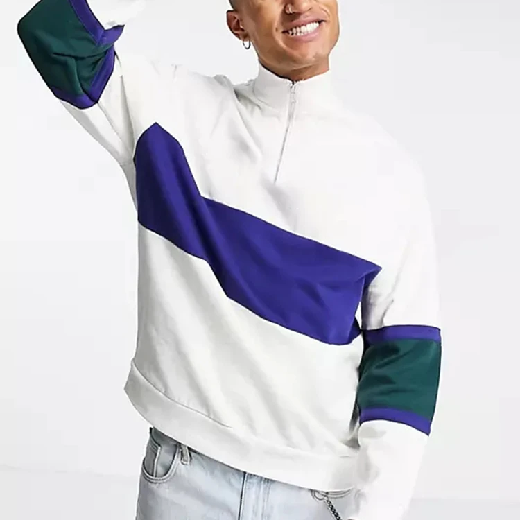 Manufacturers 80 Cotton 20 Polyester Plain High Quality Blank White Color Block Youth Quarter Zip Sweatshirt