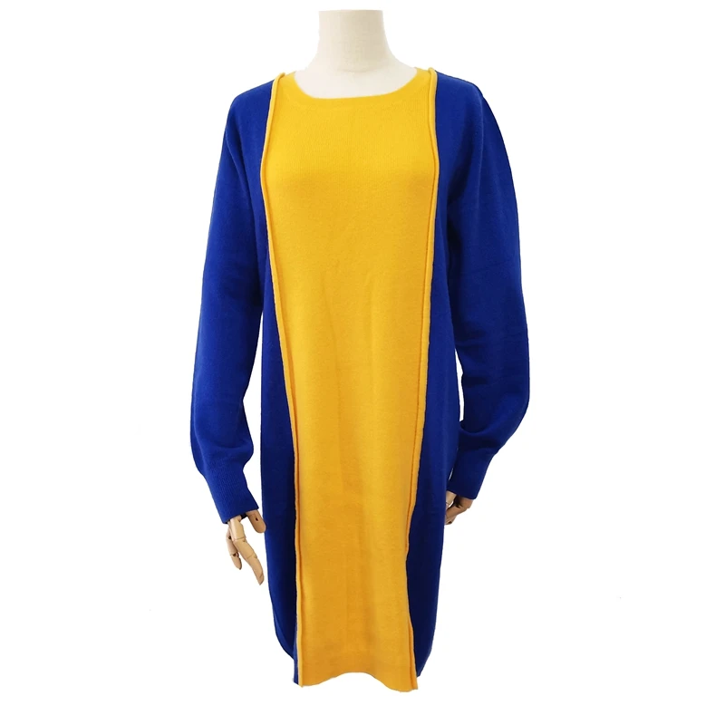 100%Cashmere Blocked Yellow And Royal Blue Woman Dress