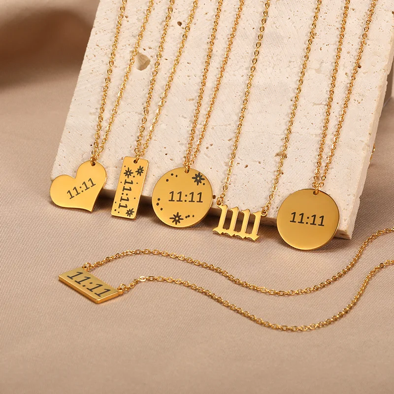 Simple stainless steel 18K gold letter square angel number 1111 necklace heart-shaped pendant necklace jewelry