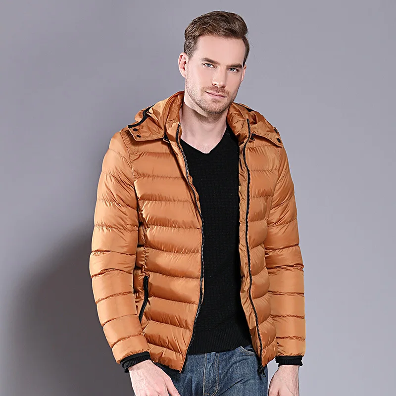 Men Winter Clothing Detachable Hooded Nylon Faked Down Puffer Jacket For Men Zipper Up Insulated Quilted Down Bubble Coat