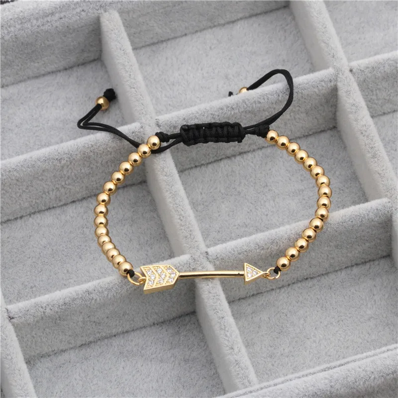 Оптовая продажа для мужчин ювелирные изделия регулируемый 18K позолоченный медный шарик микровставки из циркона Стрелка Шарм браслет с круглыми бусинами