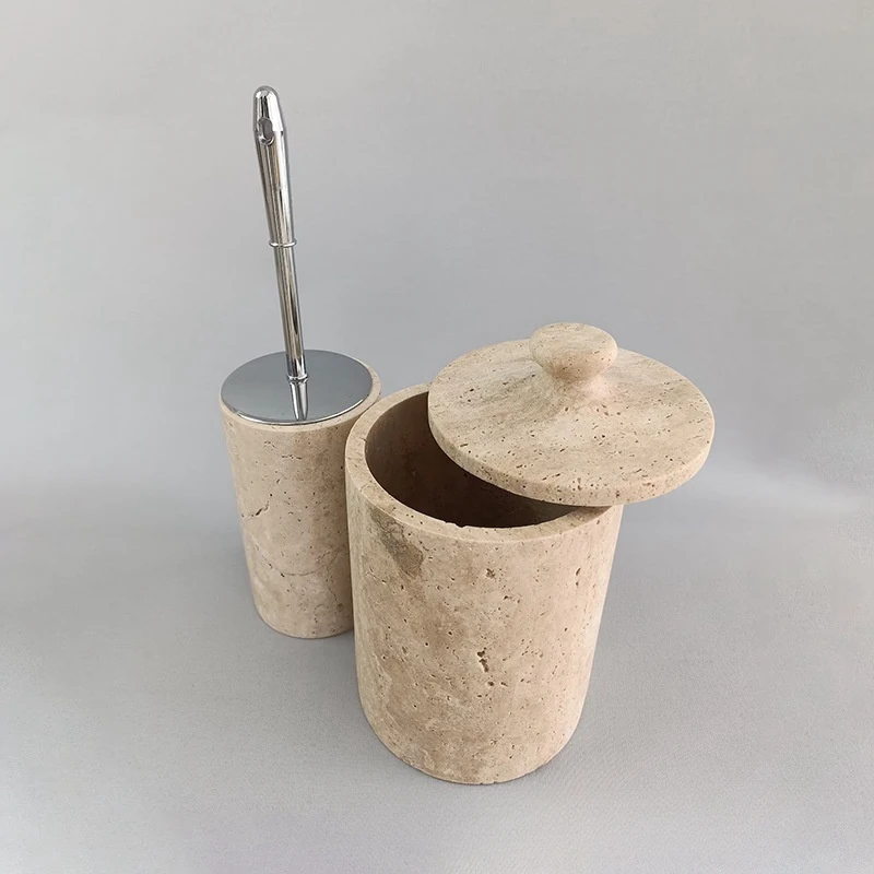 stonekocc Travertine Marble Stone Toiletry Supplies Toilet Brush Holder Trash Basket Bathroom Set Accessories Cleaning Brush