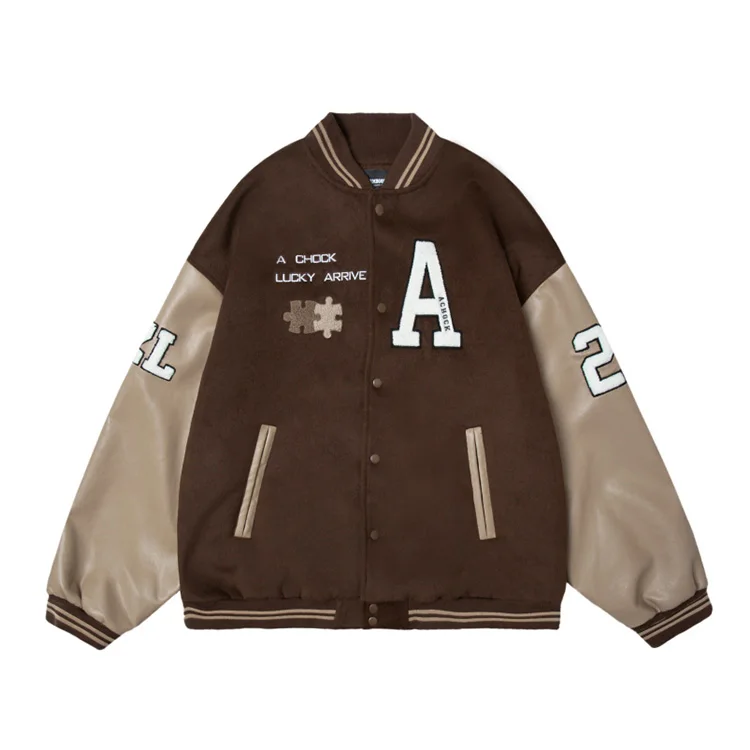 OEM custom high street style leather sleeve loose woolen embroidery light varsity jacket custom for men 2022