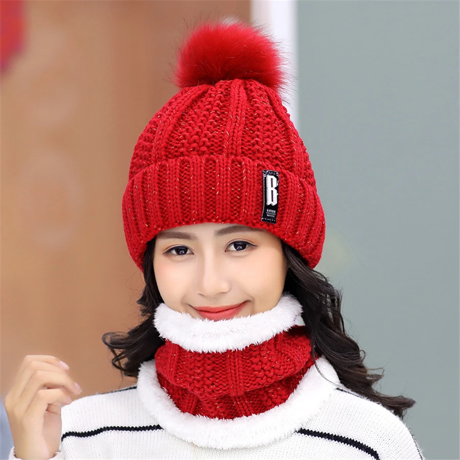 Winter Women Knitted Beanie Hat Female Letter Bonnet Beanie Caps Girls Warm Knitted Scarf Hat Set Custom Logo