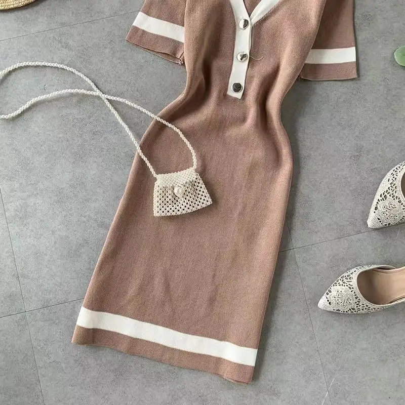 
New Fashion Lady Dress Straps Buttons Soild Color Short Sleeve Slim Elegant Office Women Dress 