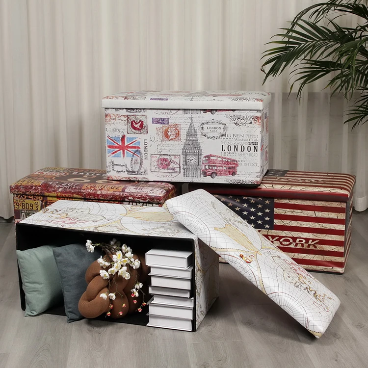 Route 66 PVC Printing Storage Cube Long bench Folding Foot Stool Ottoman
