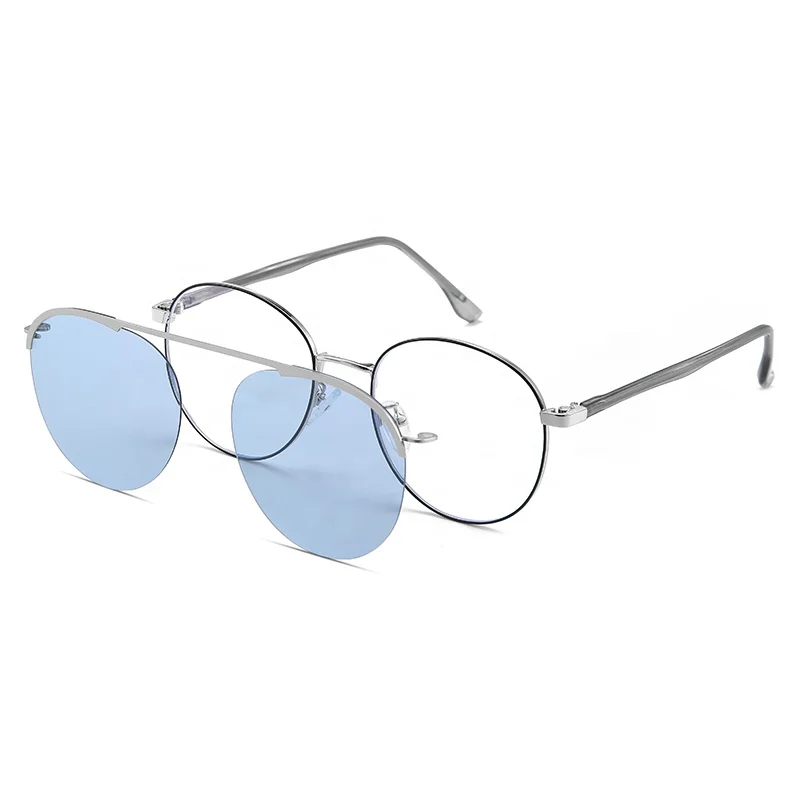 High quality vintage round shape light metal eyeglasses frames with magnetic clip on sunglasses for men women