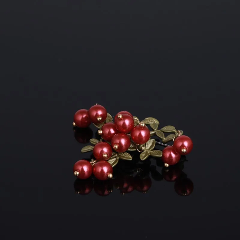 Begonia flower red fruit tree pearl sterling silver brooch