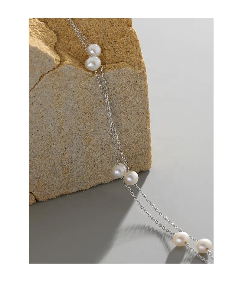 Trendy New S925 Sterling Silver Necklace Double Layered Platinum Plated Small Pearls Link Chain Layered Necklace Women Girl