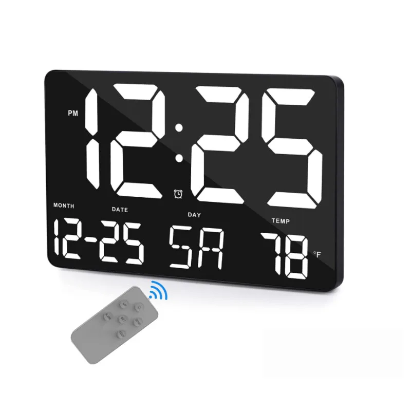 Digital Wall Clock LED Digital Clock Large Display with Remote Control Adjustable Brightness Calendar Temperature
