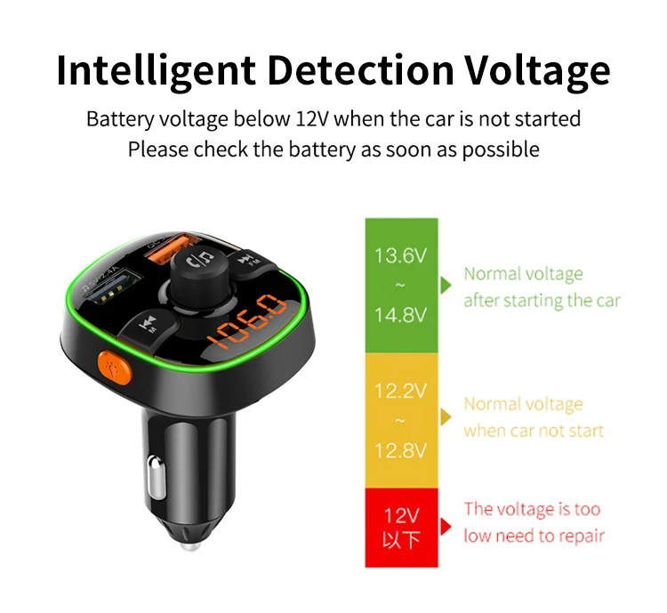 New Arrvial bt 5.0 fm transmitter car charger qc 3.0 lcd writing tablet car battery charger 12v-24v car charger 20w  type c port
