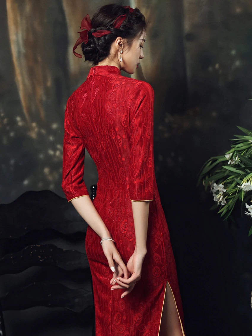 2025 new long bride qipao long sleeve luxury wedding red long dresses cheongsam women ladies party evening elegant factory