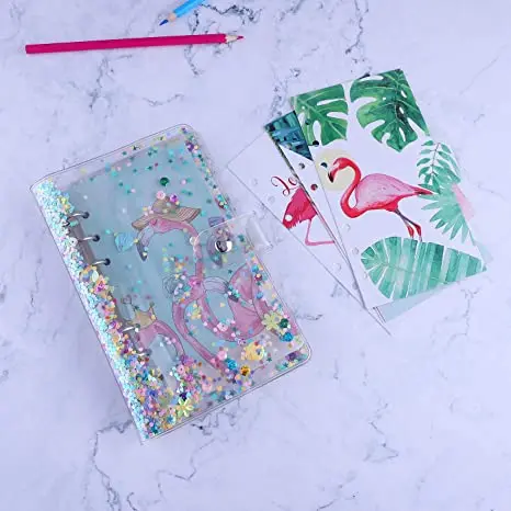 A6 Binder Cover PVC 6 Ring Personal Organizer Refillable Notebook Binder Cover with Shiny Sequins for Loose Leaf Planner