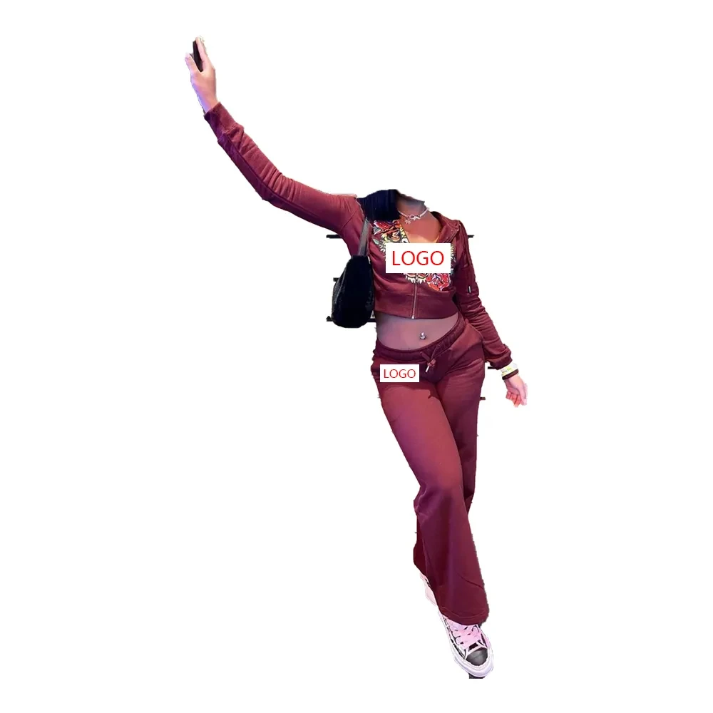 clothing Sporty Look OEM Tracksuit 2 Piece Set Zip Hooded Crop Tops + Leggings for Women Streetwear Suit