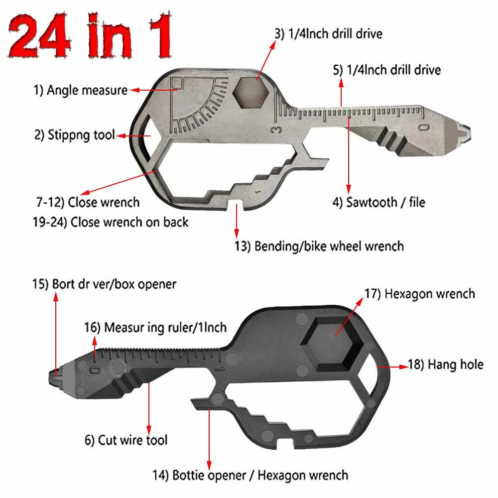 24 in 1 Multi Tool Key Stainless Steel Key Shaped Pocket Tool Outdoor Multifunctional Tool for Bottle Opener