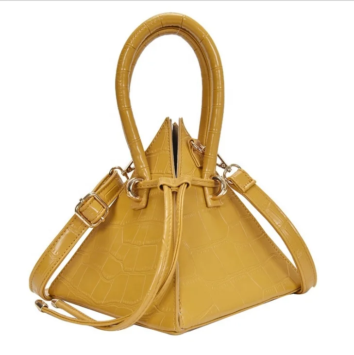 2021Fashion Croco Pattern 2 Way Carry Unique Pyramid PU Crossbody Handbag with Extendable Closure and Shoulder Strap