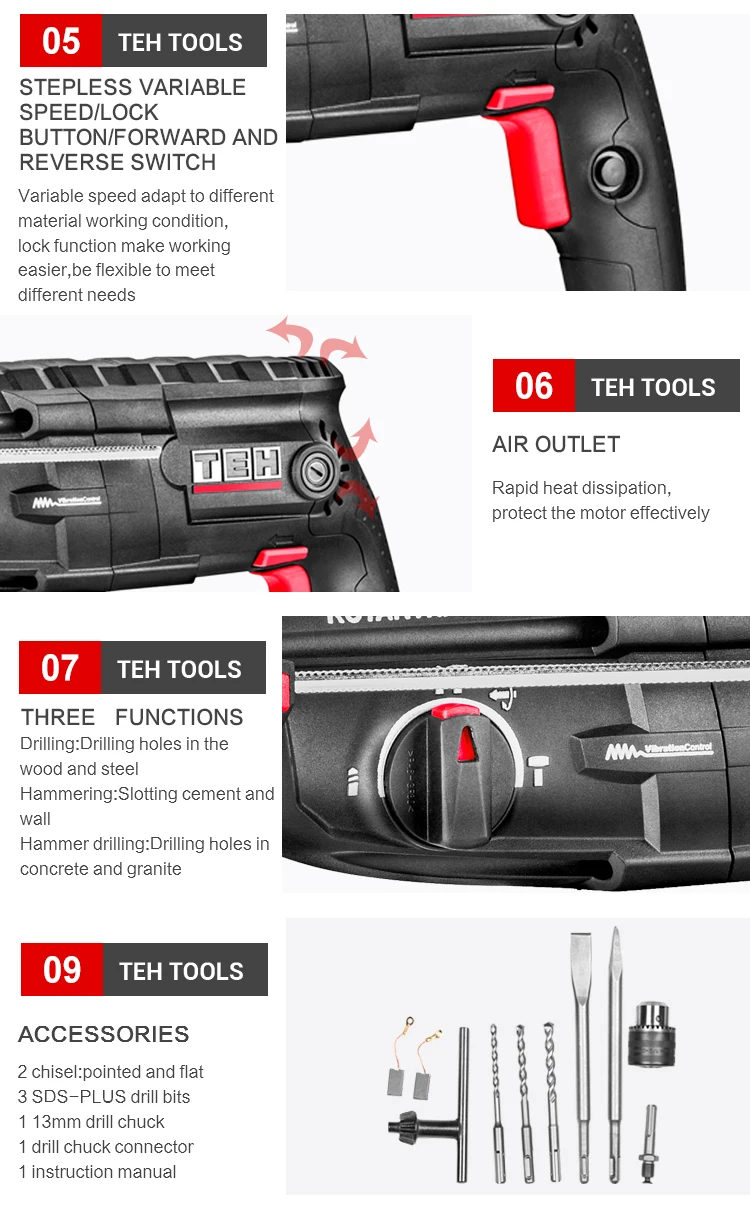 TEH Multifunction Mode Selector Impact Energy Powerful Bulldog Rotary Hammer SDS Plus Drill